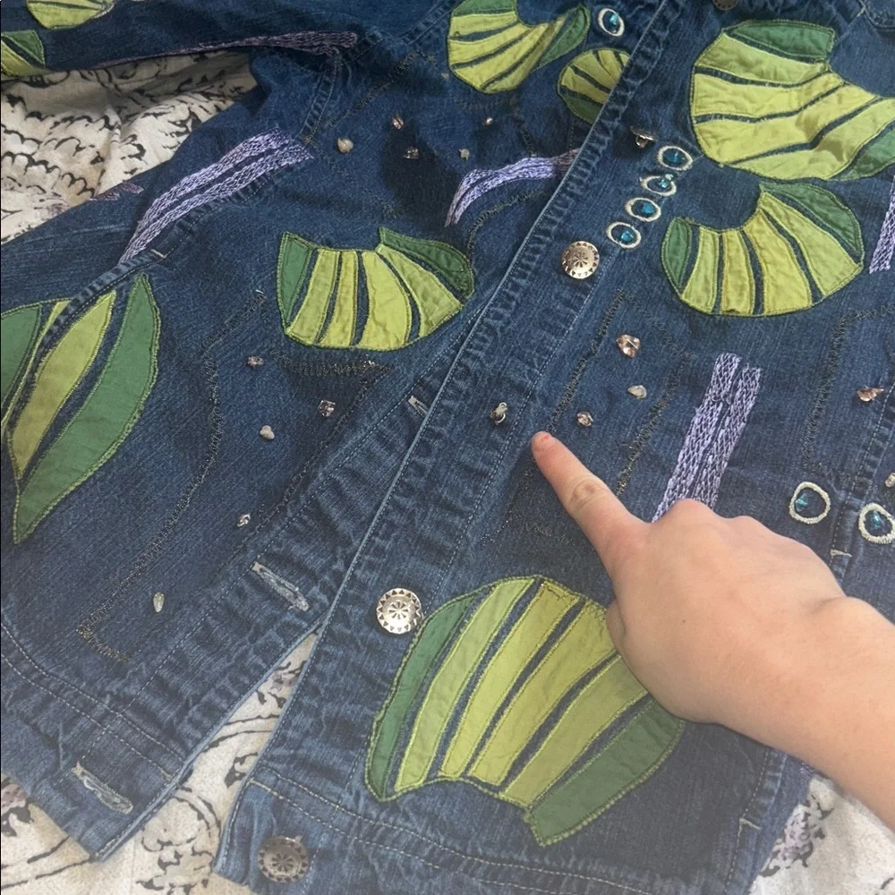 Marsh Landing Plant Embroidery Denim Jean Jacket Abstract Leaf Print Lily pad - Picture 12 of 12
